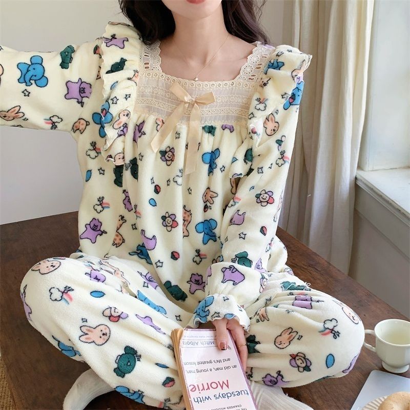 秋冬法蘭絨睡衣女冬長袖保暖套裝公主風加厚甜美可愛珊瑚絨家居服
