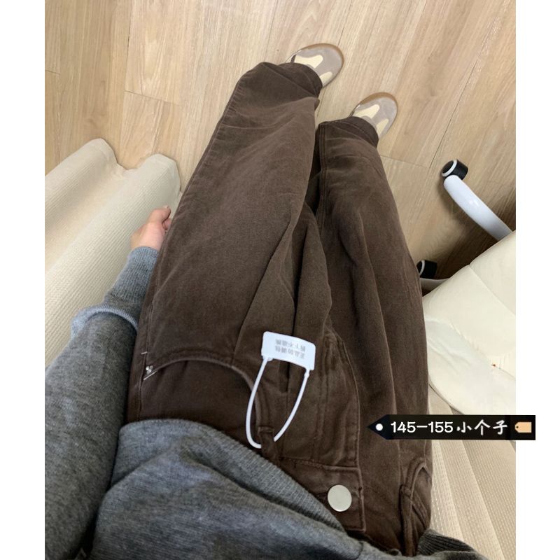秋冬新款復古棕色闊腿牛仔褲女小個子直筒顯瘦寬鬆垂感拖地長褲潮