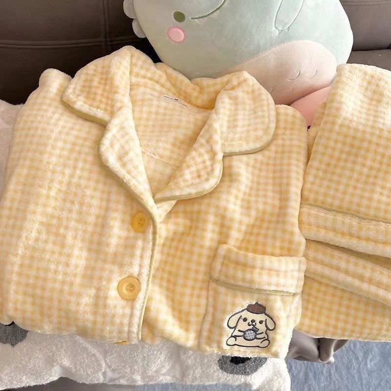 卡通布丁狗格子珊瑚絨睡衣女秋冬季可愛甜美長袖法蘭絨套裝家居服