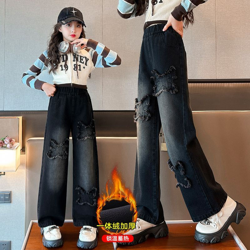 女童加絨牛仔褲秋冬外穿寬鬆闊腿褲2023新款兒童冬裝時尚加厚褲子
