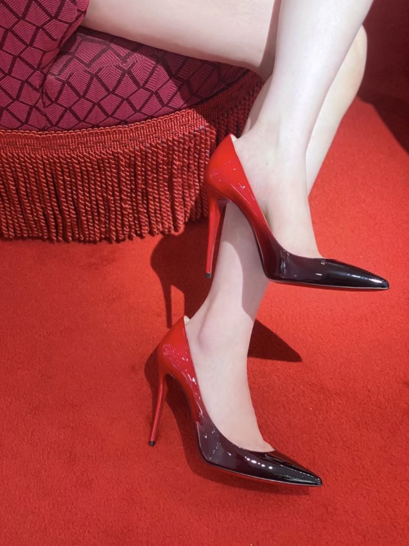 New [Black and Red Gradient Color] Patent Leather High Heels Women's Stiletto Heel Pointed Toe Shallow Mouth Sexy Red Soled Shoes