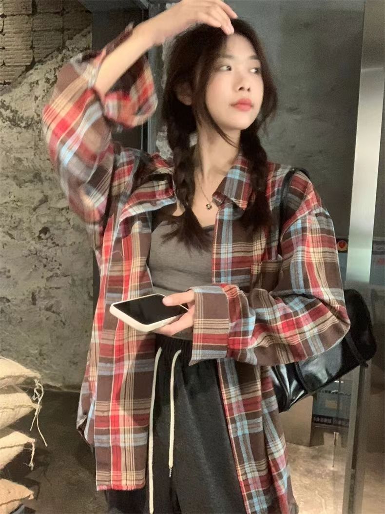 CONGRAZIO復古格子襯衫女設計感小眾襯衣韓版內搭百搭外穿學生潮