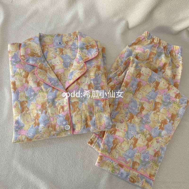 ins風可愛卡通兔子睡衣女春秋季新款網紅長袖長褲家居服套裝外穿