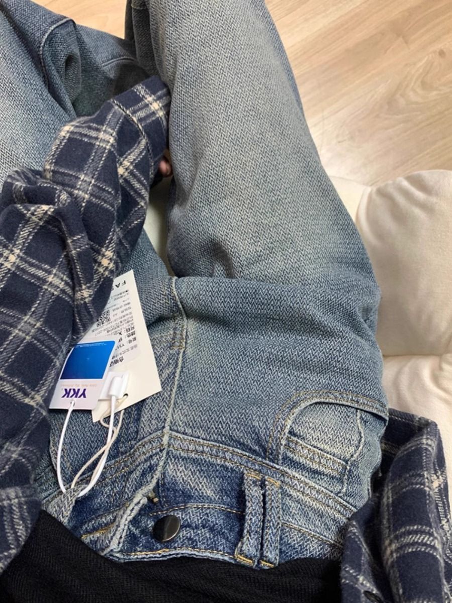 復古編織做舊牛仔褲女春秋新款大碼梨形身材寬鬆顯瘦闊腿直筒褲潮