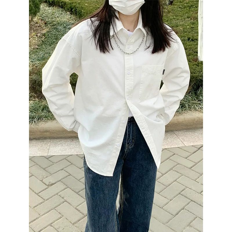 白色襯衫女春秋季長袖設計感學生寬鬆休閒百搭鹽系疊穿polo領上衣