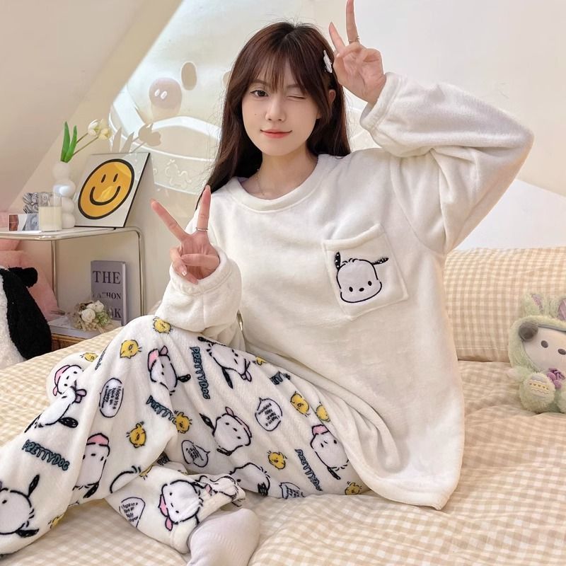 睡衣女款秋冬季2023新款長袖珊瑚絨加絨加厚套裝冬天可外穿家居服