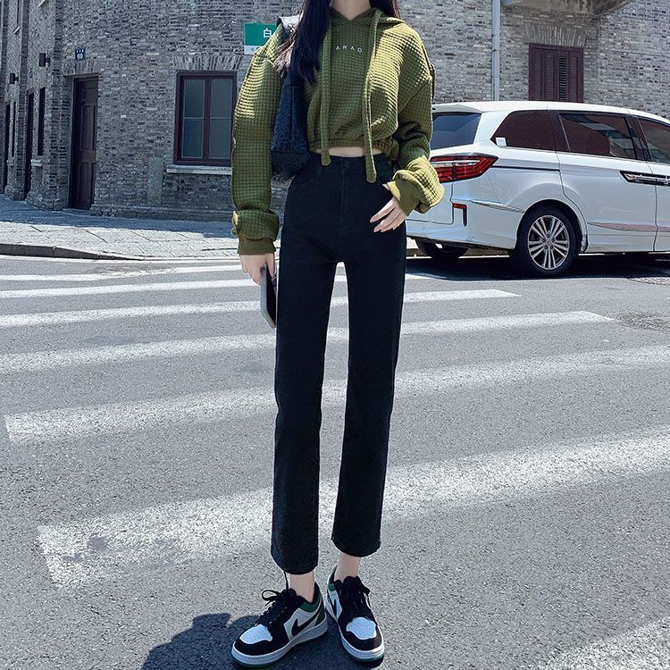 百搭直筒牛仔褲女秋冬季2023年新款高腰顯瘦黑色彈九分煙管褲子潮