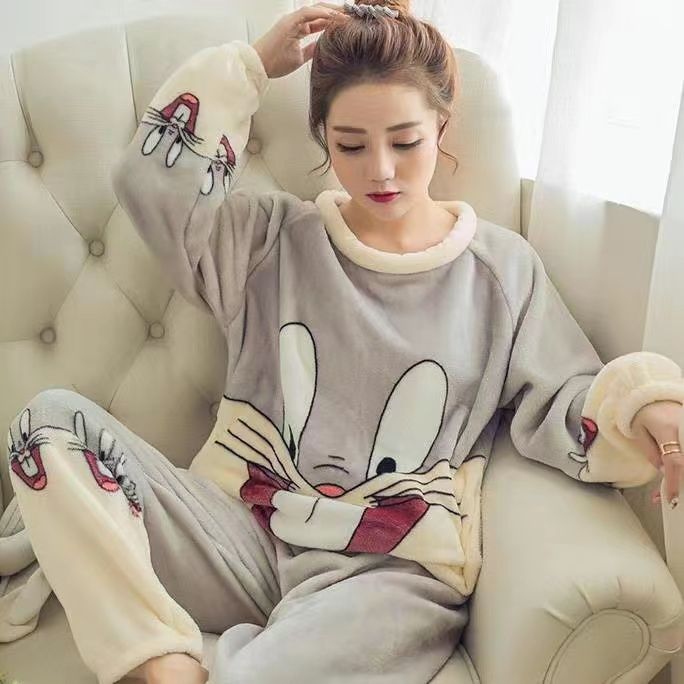 Pajamas for women, thickened flannel two-piece set, home wear, coral velvet, warm spring, autumn and winter long-sleeved loose Korean style