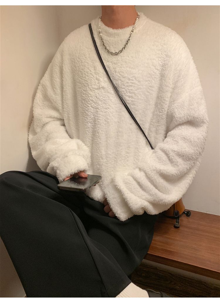 Men's lamb cashmere hoodie, autumn winter style, plush and thick pullover, round neck, inner layer with clothes, men's_voghion.com