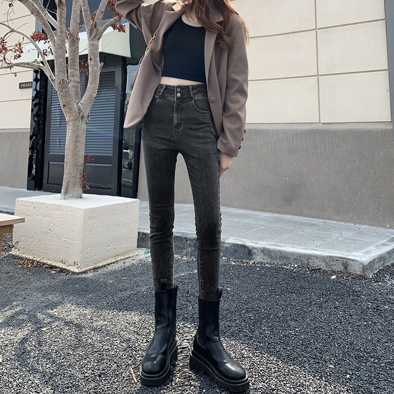 新款修身復古高腰小腳牛仔褲女2023彈力顯瘦雙扣鉛筆褲設計感爆款
