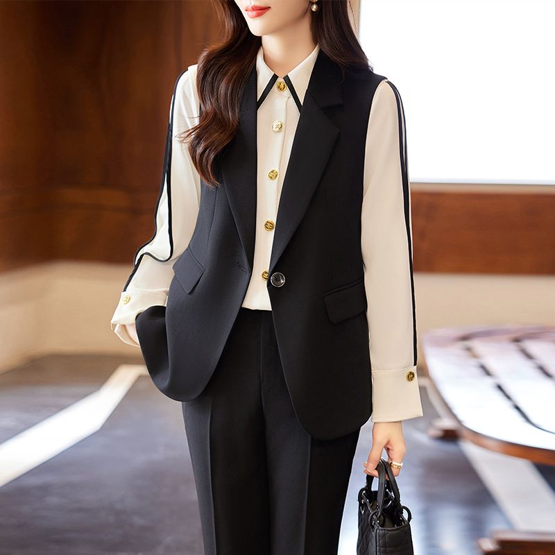 Brown sleeveless vest blazer women's autumn and winter professional fashion workplace light and mature style shirt and vest three-piece suit
