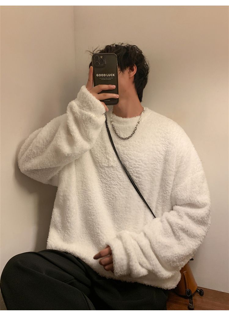 Men's lamb cashmere hoodie, autumn winter style, plush and thick pullover, round neck, inner layer with clothes, men's_voghion.com