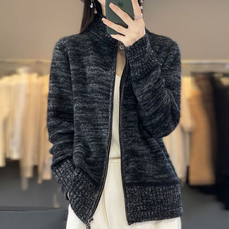 拉鏈開衫女秋冬季2023新款半高領針織衫厚款毛衣外套寬鬆外搭上衣