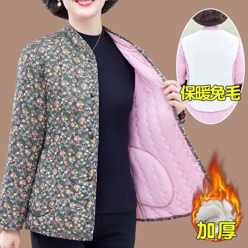 Winter thickened warm cotton clothing for middle-aged and elderly women plus velvet large size floral small cotton-padded jacket long-sleeved mother's patch cotton coat
