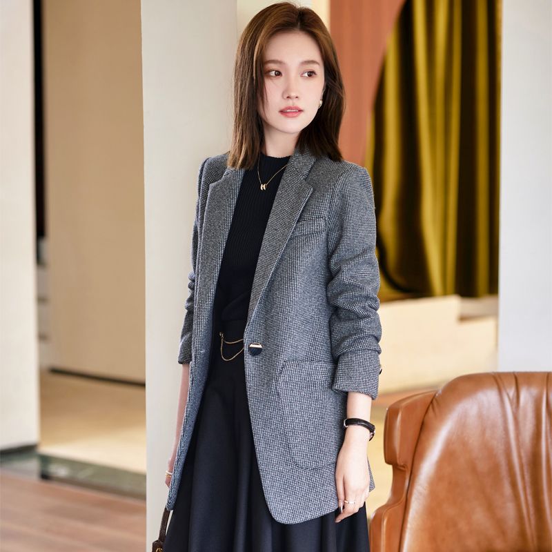 灰色格子西裝外套女2023新款秋冬小個子高級感復古休閒小西服套裝