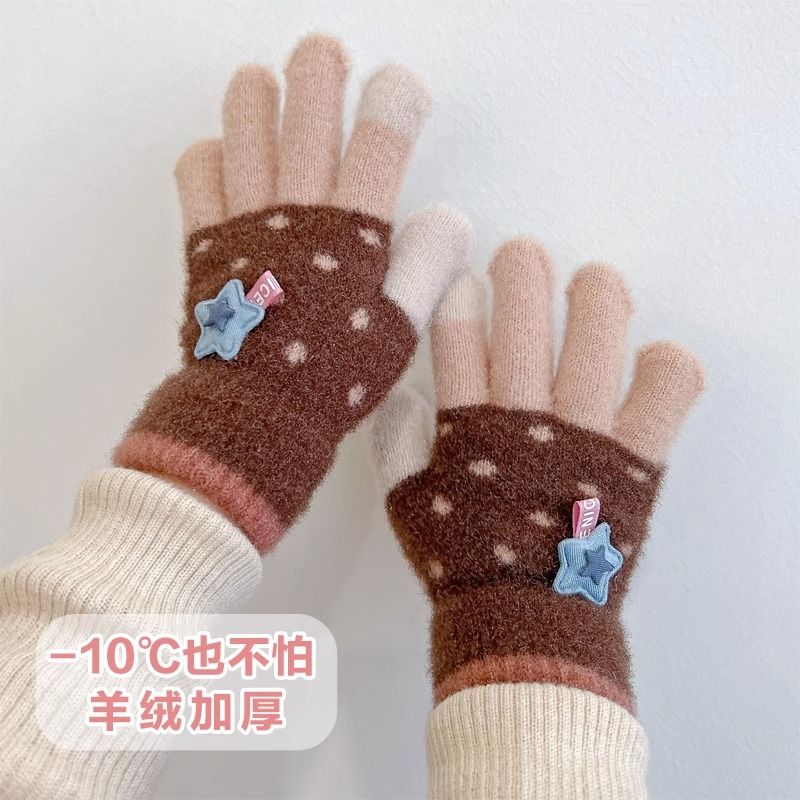 秋冬季儿童加绒加厚儿童手套可爱保暖女童男童毛线针织五指套冬天