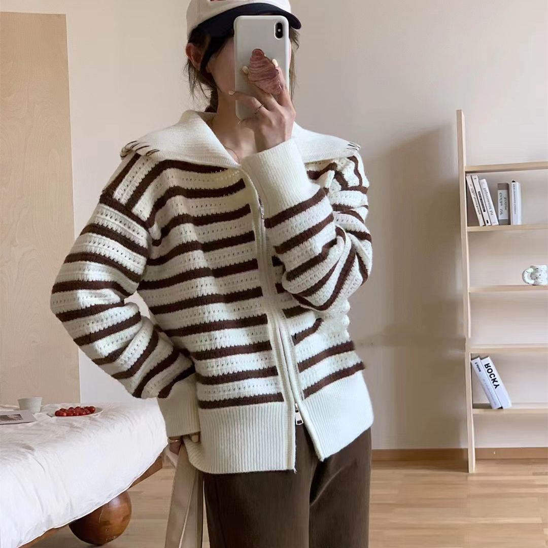 韓版大翻領慵懶風條紋毛衣女小個子雙拉鏈設計感寬鬆針織衫外套潮