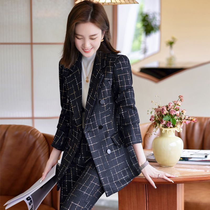 黑色格子西裝外套女秋冬韓版休閒氣質女神范高端名媛職業西服套裝