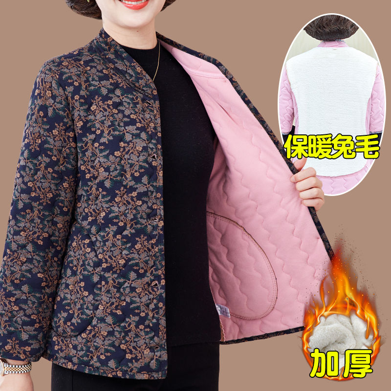 Winter thickened warm cotton clothing for middle-aged and elderly women plus velvet large size floral small cotton-padded jacket long-sleeved mother's patch cotton coat