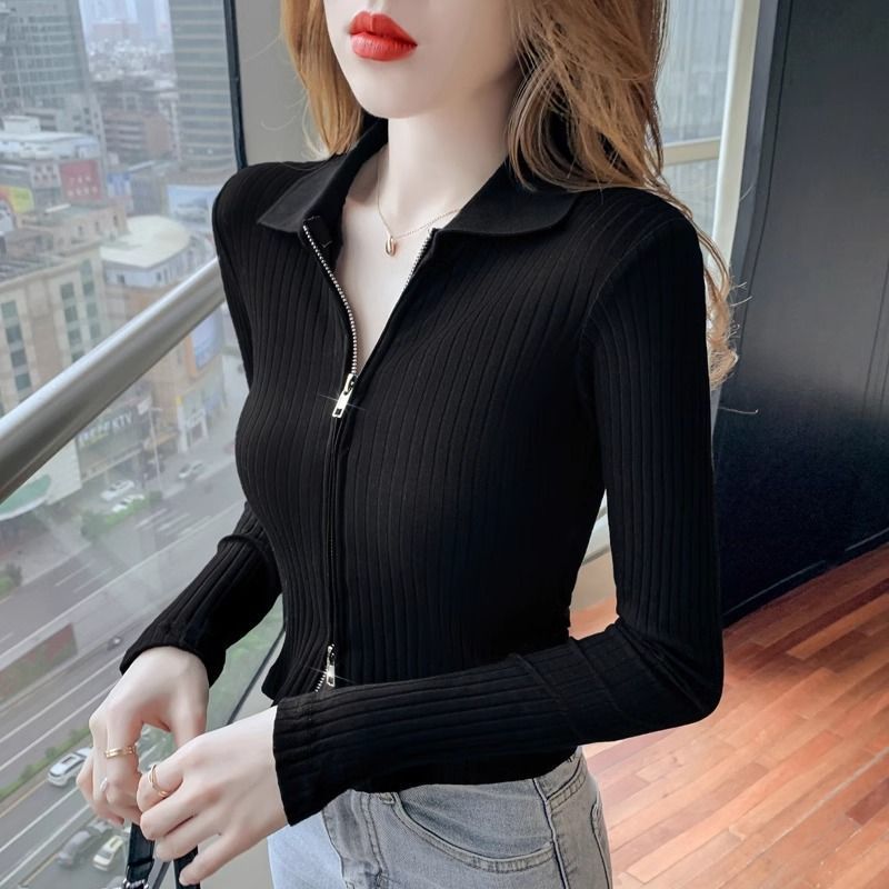 氣質辣妹拉鏈polo領長袖修身短款黑色打底衫春秋女裝內搭t恤上衣