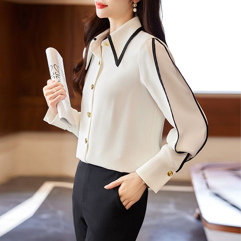 白色襯衫女春秋2023新款時尚洋氣設計感撞色通勤百搭休閒襯衣套裝