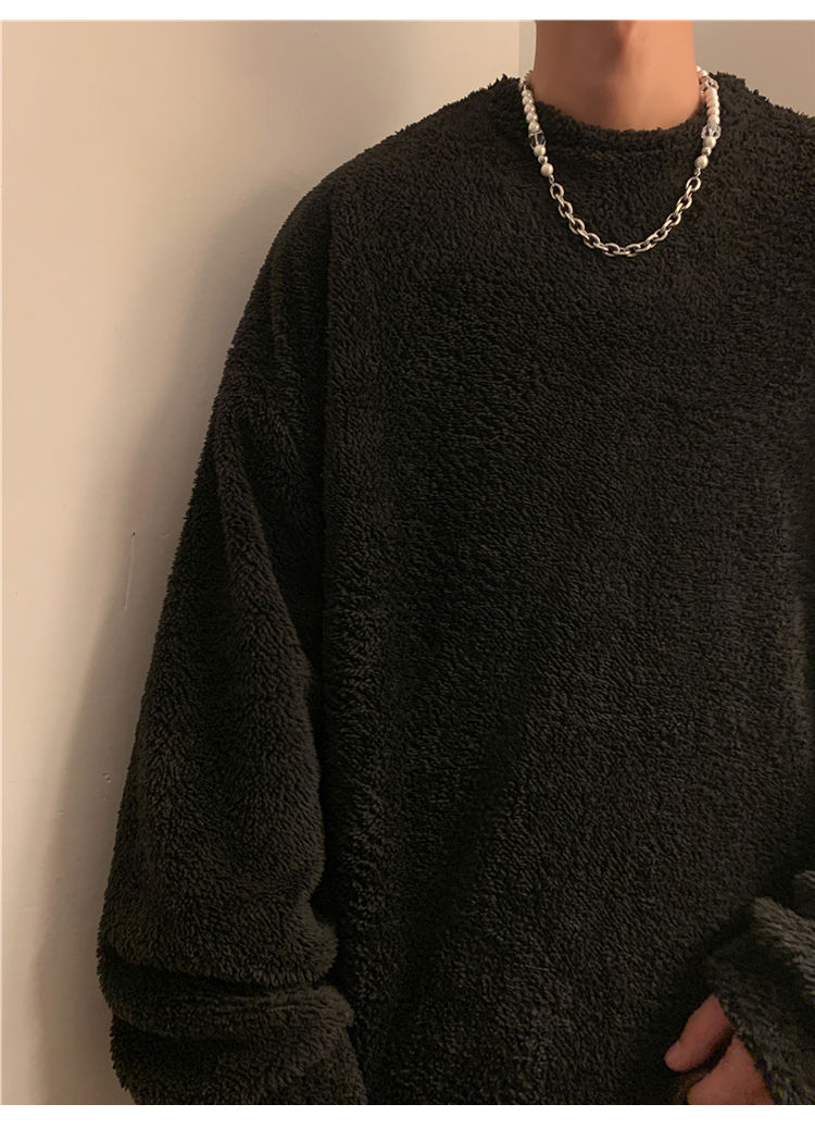 Men's lamb cashmere hoodie, autumn winter style, plush and thick pullover, round neck, inner layer with clothes, men's_voghion.com