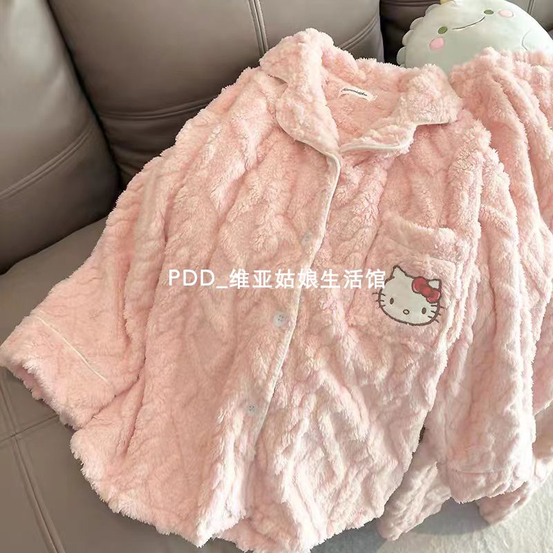 新款珊瑚絨睡衣女秋冬加絨加厚ins可愛KT貓少女外出法蘭絨家居服