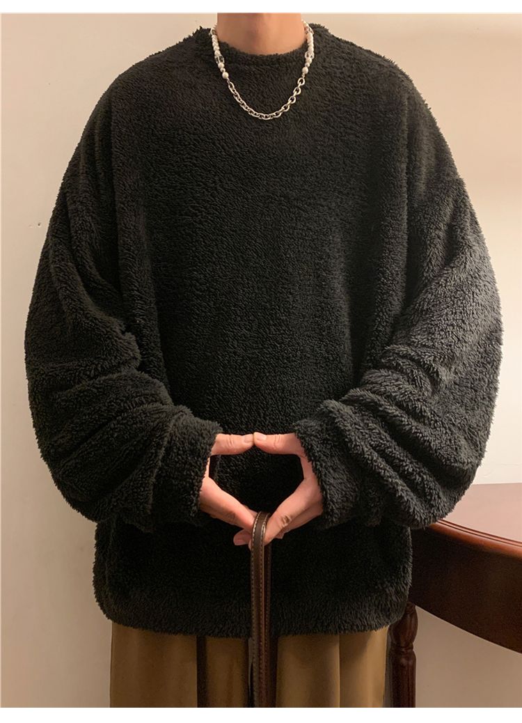 Men's lamb cashmere hoodie, autumn winter style, plush and thick pullover, round neck, inner layer with clothes, men's_voghion.com