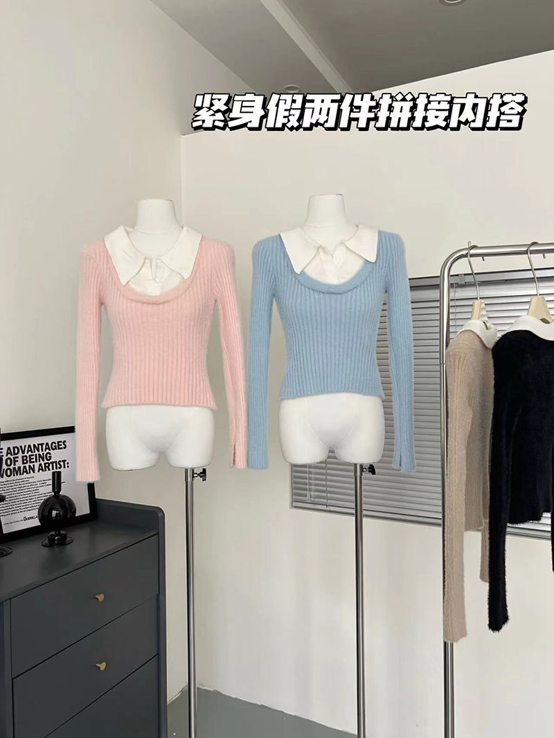 秋冬新款撞色假兩件拼接設計感修身顯瘦辣妹針織衫翻領短款毛衣