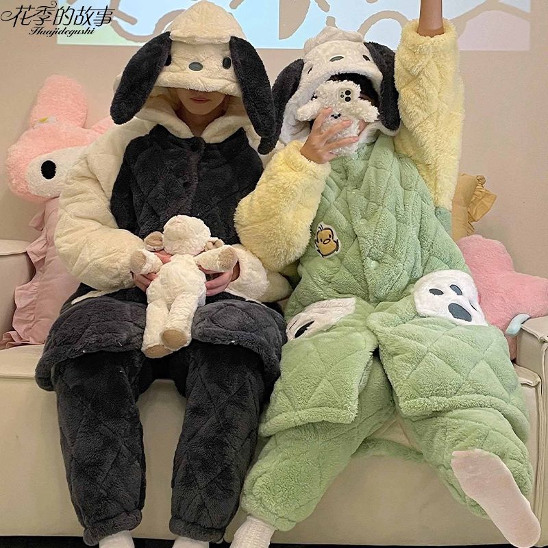 花季的故事三層夾棉睡衣女冬季長款套裝超厚情侶款帕恰狗家居服男