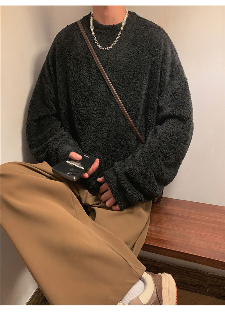 Men's lamb cashmere hoodie, autumn winter style, plush and thick pullover, round neck, inner layer with clothes, men's_voghion.com