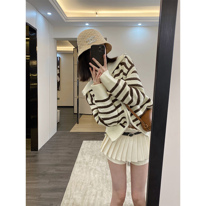 Zipper cardigan short sweater for women spring and autumn 2023 new style breathable hole design American retro sweater