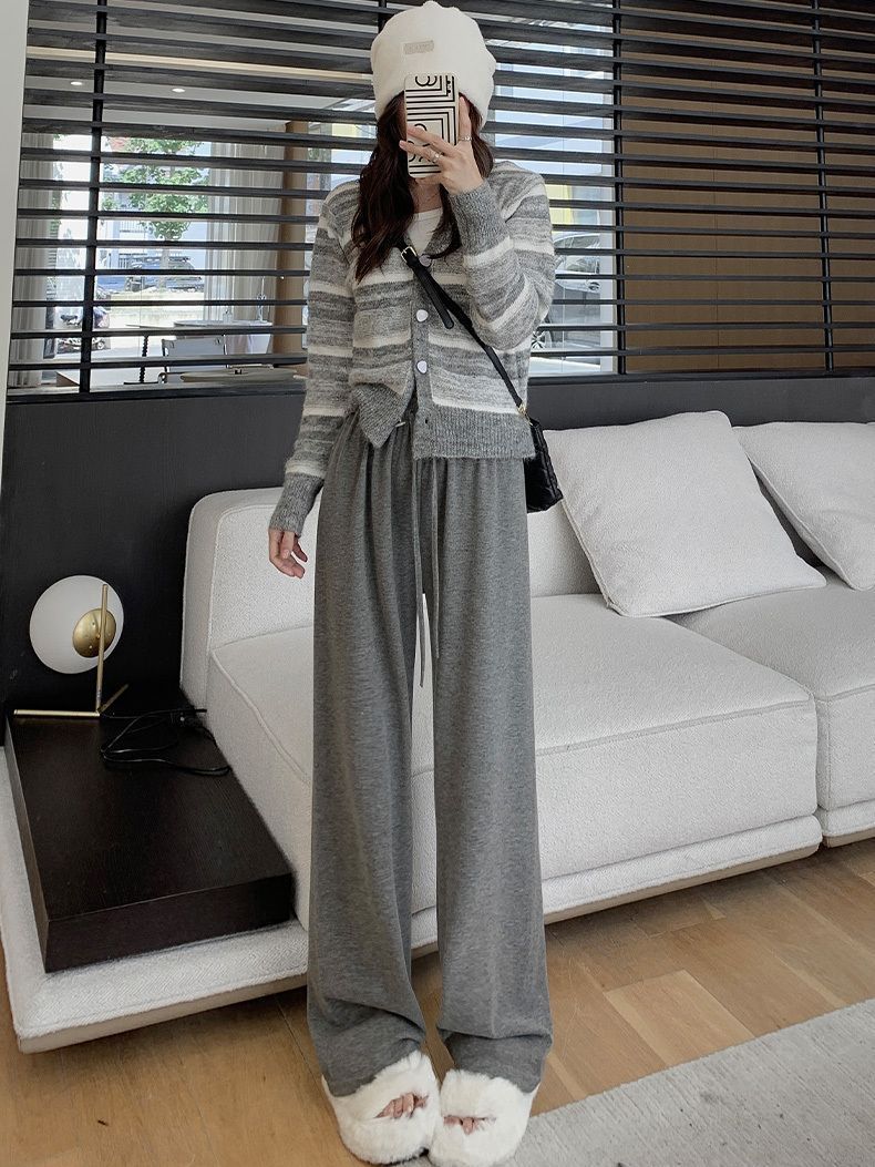 Gray glutinous rice pants for women, spring, autumn and winter, soft and glutinous 2023 new style, high waist, drapey, casual, small, velvet wide leg pants