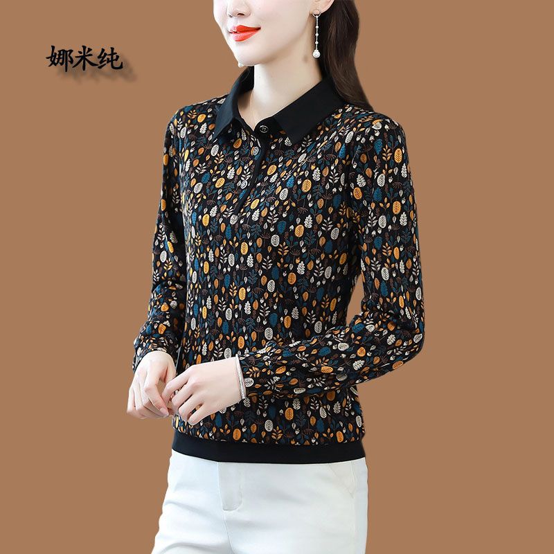 中老年媽媽長袖襯衫2023春秋新款時尚印花加絨加厚打底衫女士上衣