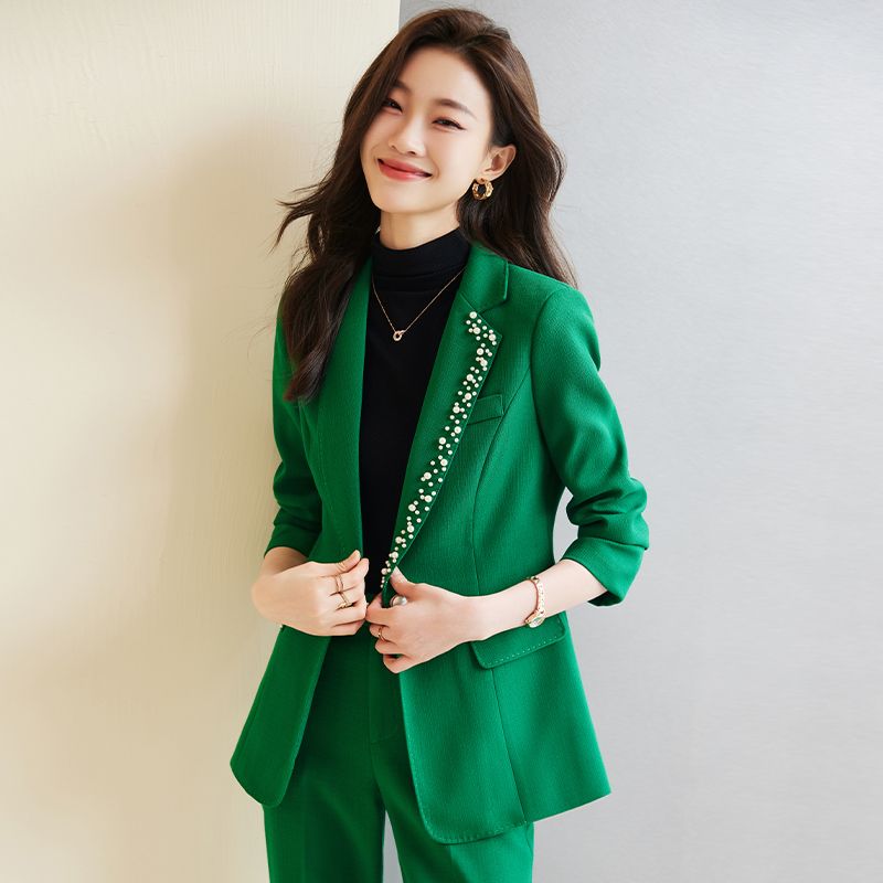 綠色西裝套裝女秋冬2023新款職業裝時尚氣質女神范高端通勤小西服