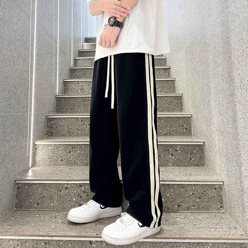 美式兩條槓條紋休閒褲男寬鬆直筒春秋季新款垂感百搭男生運動衛褲