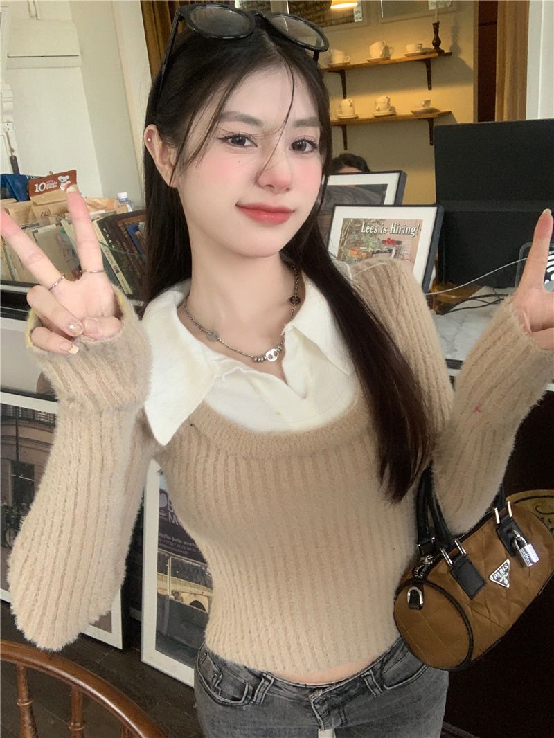 秋冬季甜辣妹穿搭卡其色翻領針織衫新款假兩件設計感Polo領毛衣女