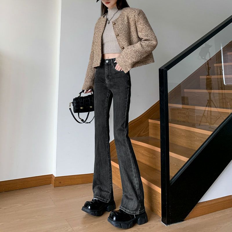 紐扣復古微喇叭牛仔褲女高腰顯瘦2023春秋小個子修身彈力馬蹄褲