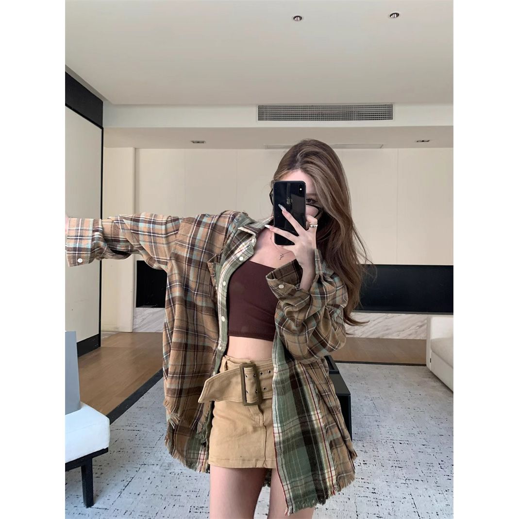 韓版復古Polo領長袖拼接格子襯衫女小眾港味寬鬆中長款休閒襯衣秋