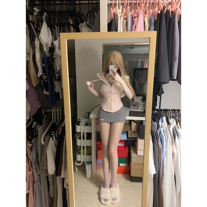 少女瑜伽館 美拉德秋季粉色上衣毛絨邊連帽開衫+背心半裙套裝女