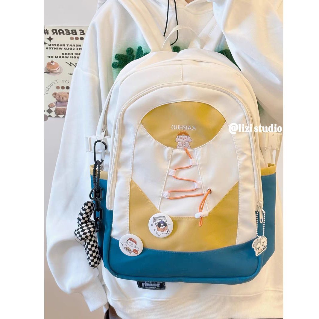 新款美式小眾書包女高顏值撞色雙肩包初中學生高中生大容量背包