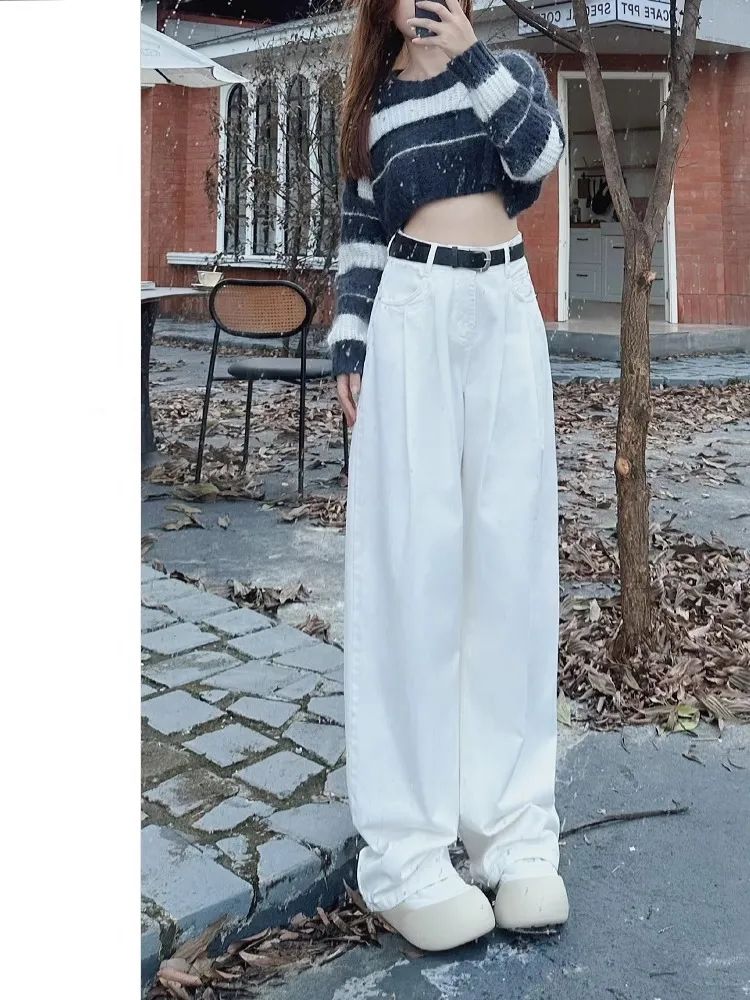 白色闊腿牛仔褲女2023秋冬新款高腰寬鬆顯瘦垂感加長直筒拖地褲子