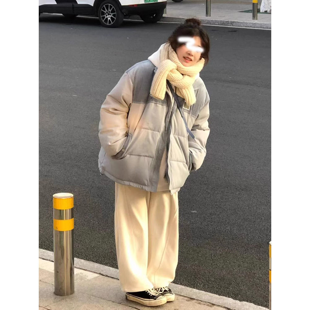 日系設計感燈芯絨拼接立領棉衣棉服女冬季新款寬鬆休閒百搭麵包服