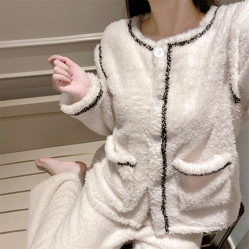 新款ins小香風秋冬季甜美珊瑚絨睡衣女加厚加絨高檔家居服兩件套
