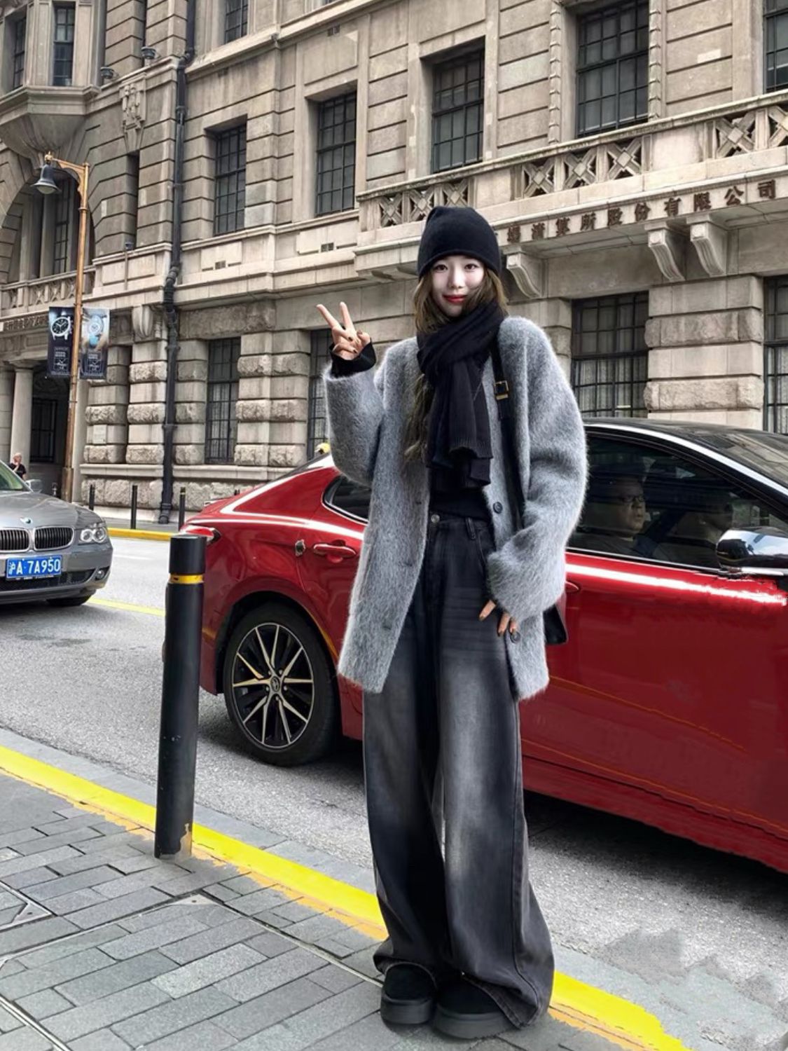 美式復古做舊闊腿牛仔褲女秋季高腰寬鬆拖地褲黑灰色直筒褲長褲子