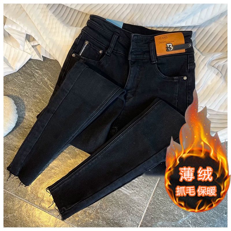 小個子純黑色2023秋冬高腰雙扣顯瘦牛仔褲女小眾洋氣排扣小腳靴褲