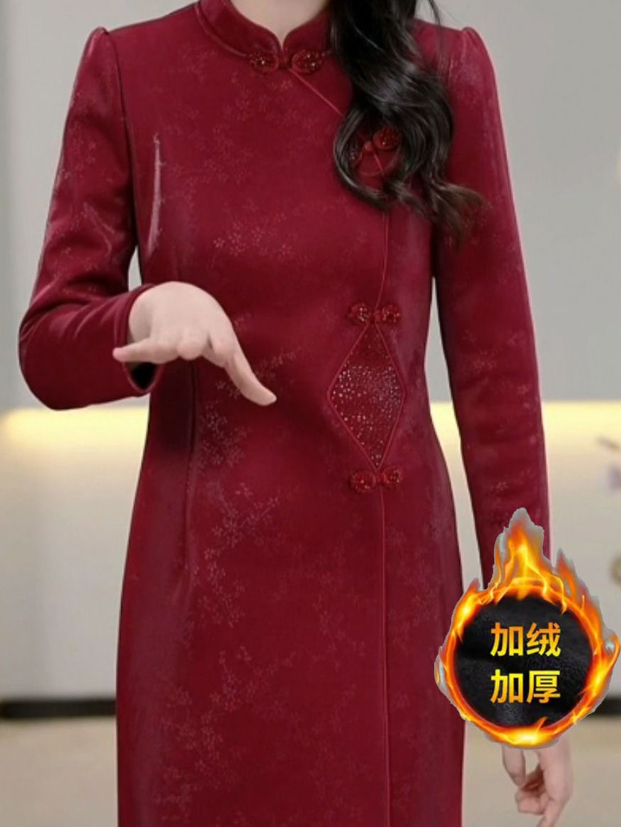 雪尼爾絨改良式旗袍加絨加厚2023秋冬款輕奢洋氣闊太太婚宴禮服裙