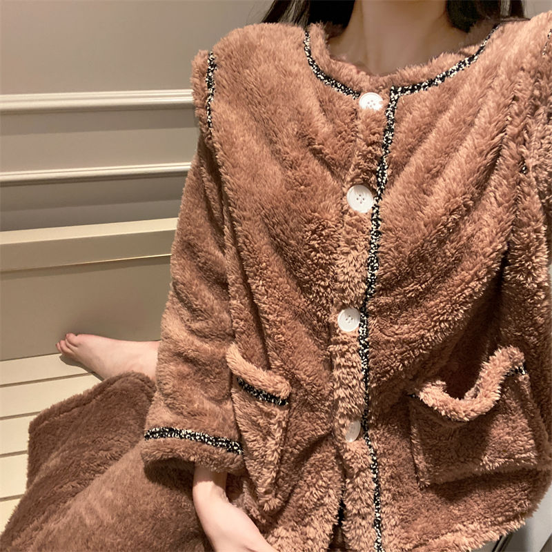 秋冬季高顏值新款睡衣女加厚珊瑚絨開衫小香風可外穿家居服兩件套