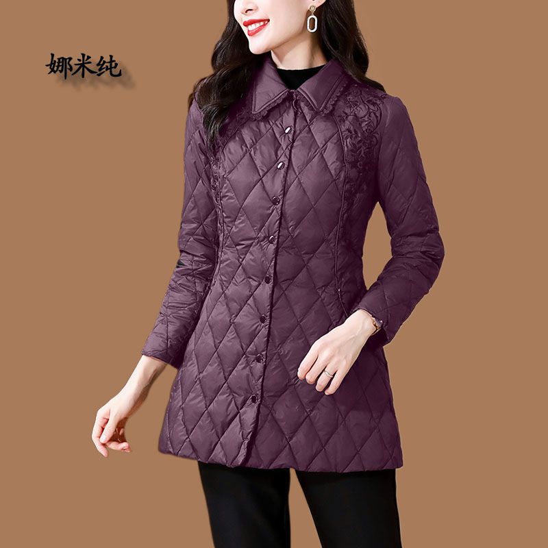 新中式國風刺繡襯衫羽絨棉服女2023秋冬輕薄款中長款收腰棉衣外套