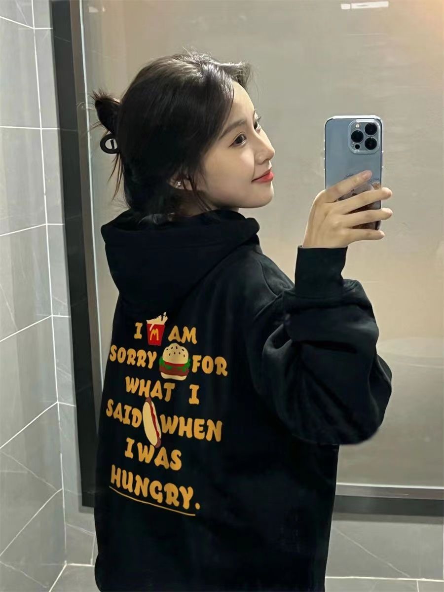 衛衣女春秋季連帽美式印花新款寬鬆加絨加厚冬裝衣服男生長袖外套